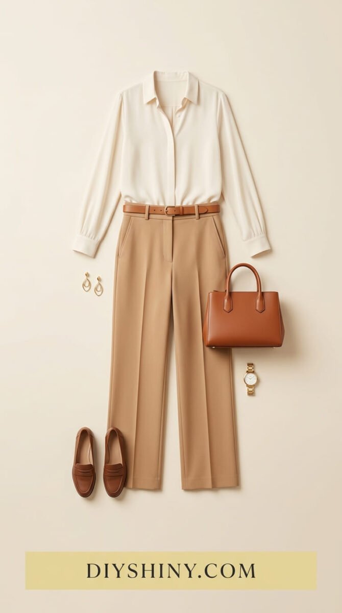 Cream button-down shirt with beige trousers and brown loafers