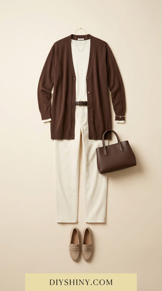 Brown cardigan with white trousers and neutral loafers