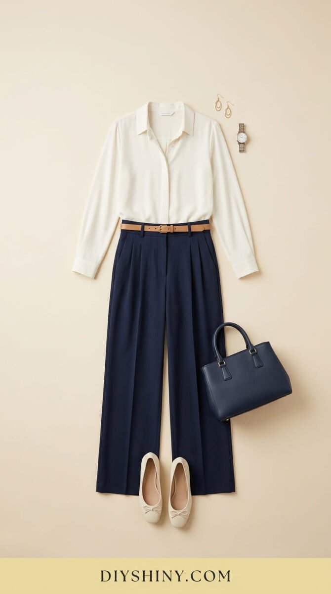 White blouse with navy wide-leg pants and ballet flats