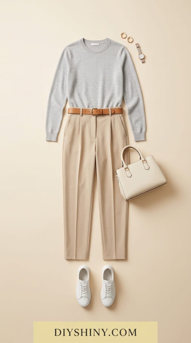 Gray sweater with cream tailored trousers and white sneakers