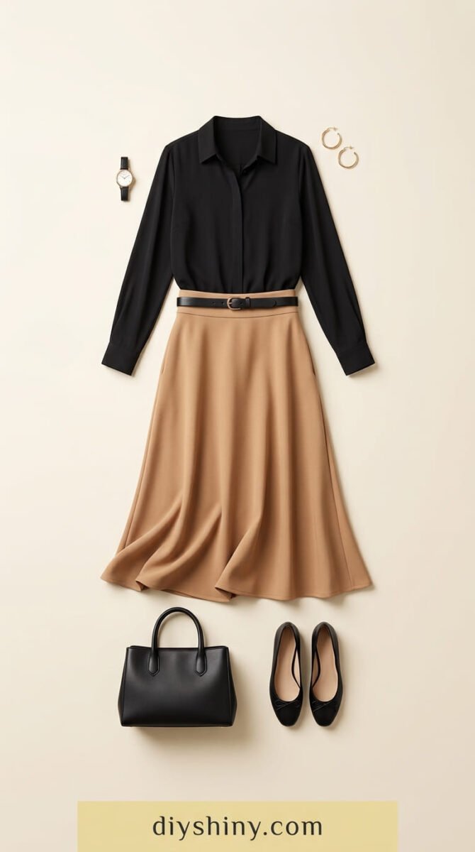 Black blouse with camel midi skirt and black flats