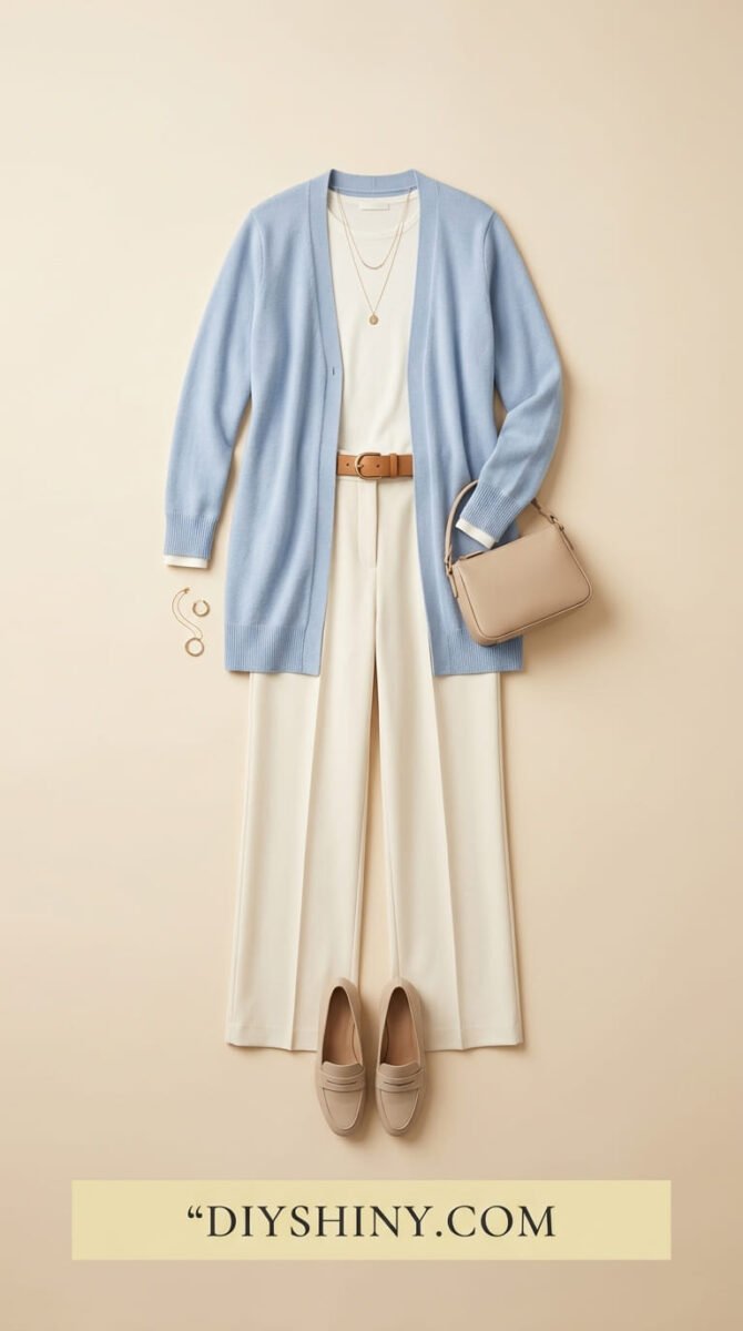 Light blue cardigan with white trousers and beige loafers