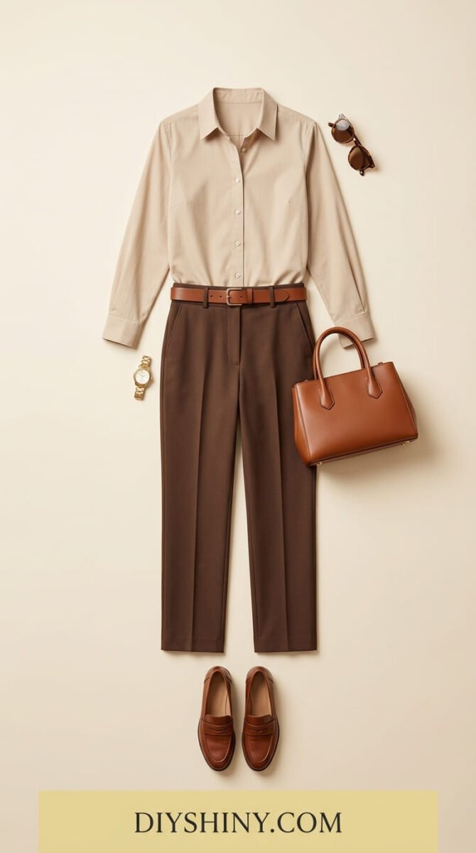 Beige shirt with brown tailored trousers and leather loafers