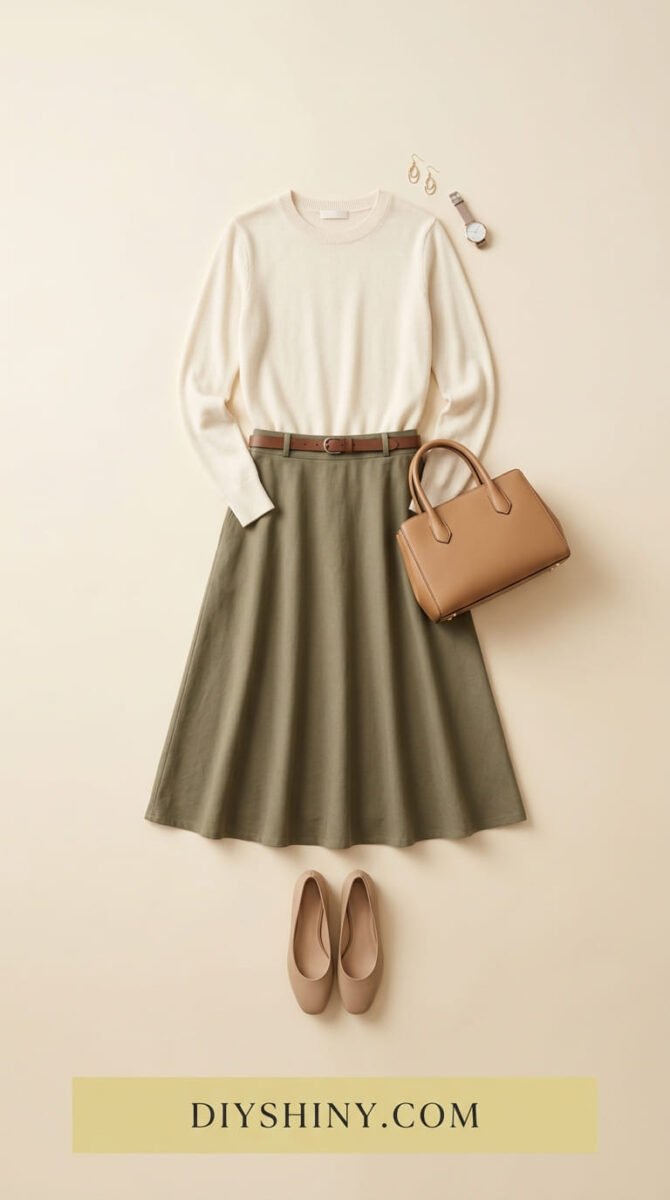 Cream sweater with olive midi skirt and beige flats