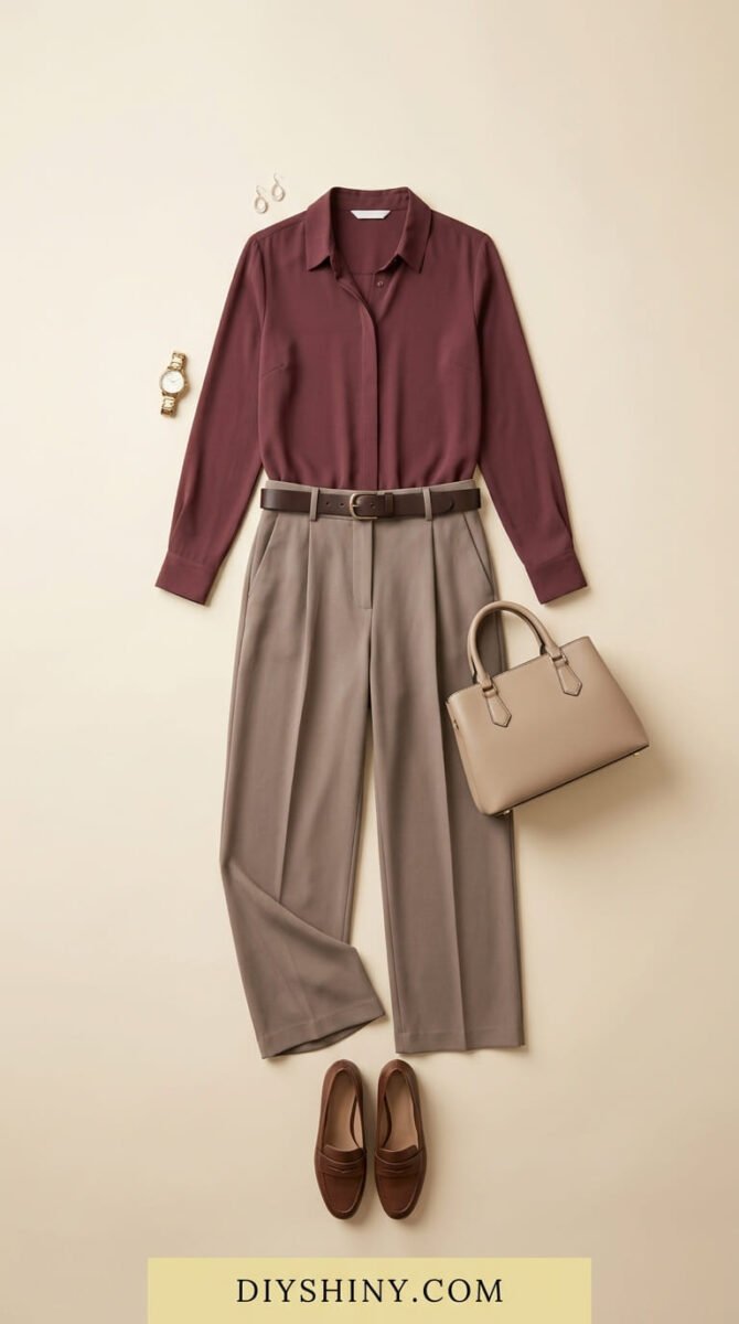Burgundy shirt with taupe tailored trousers and brown loafers