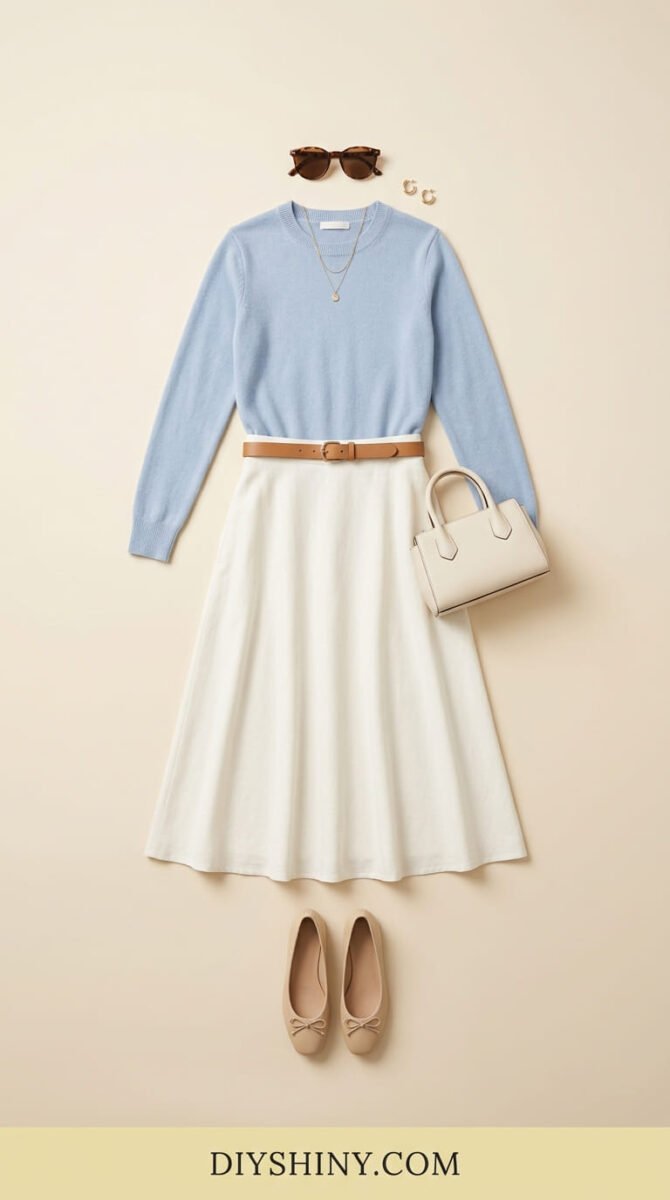 Light blue sweater with white midi skirt and ballet flats