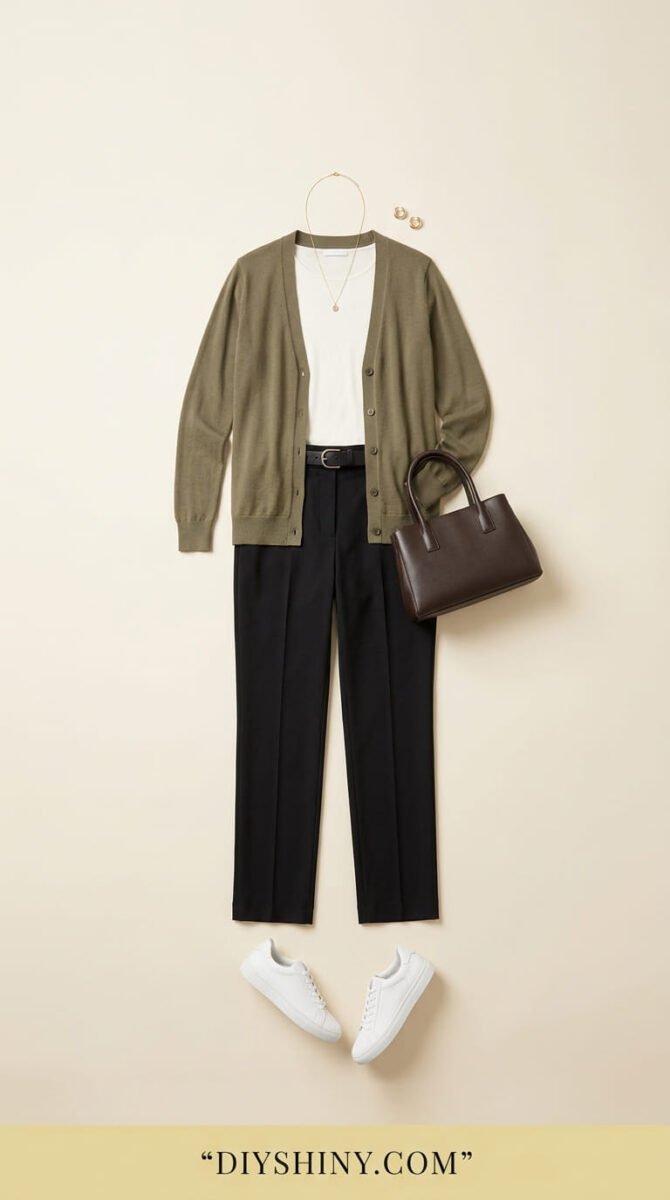 Olive cardigan with white top and black tailored trousers