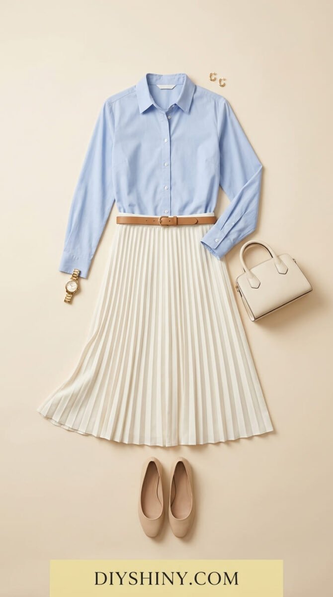 Blue button-down shirt with white pleated midi skirt