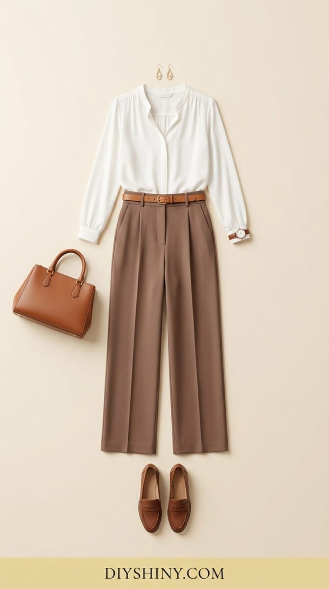 White blouse with brown wide-leg trousers and loafers