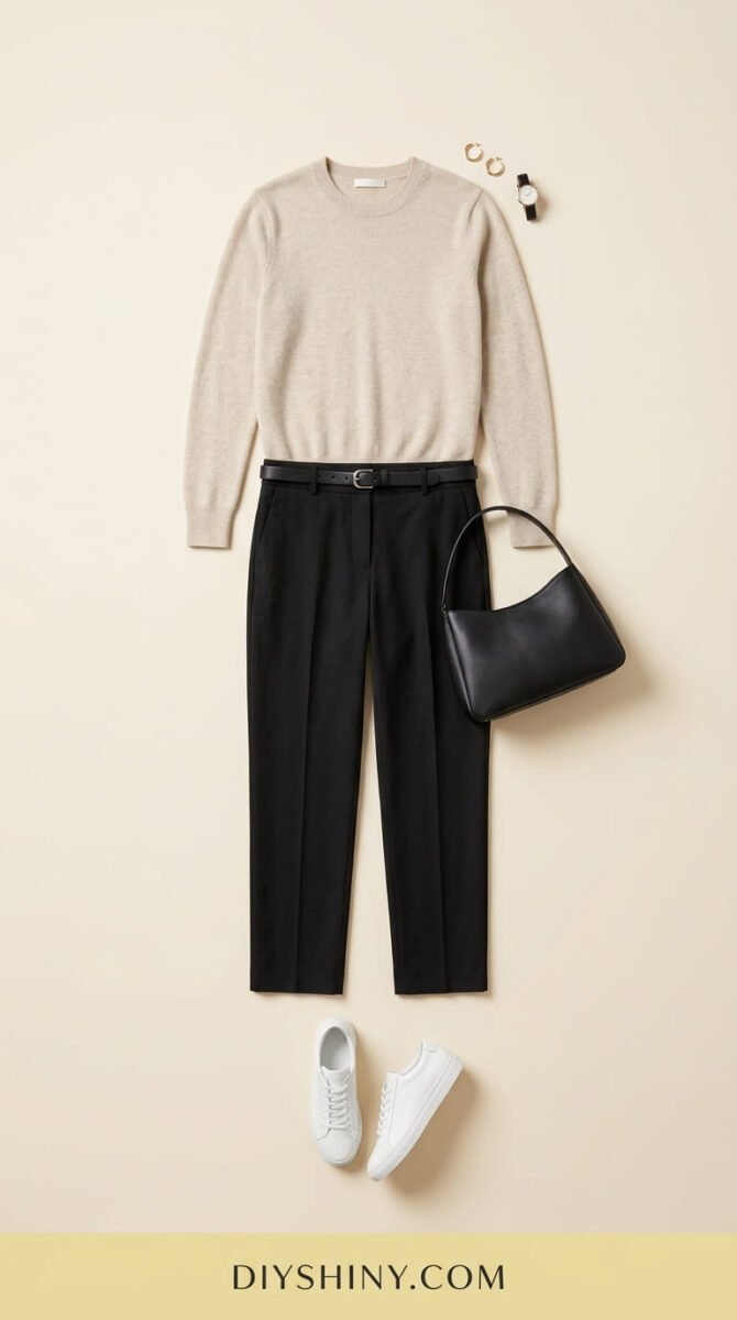 Neutral sweater with black trousers and white sneakers