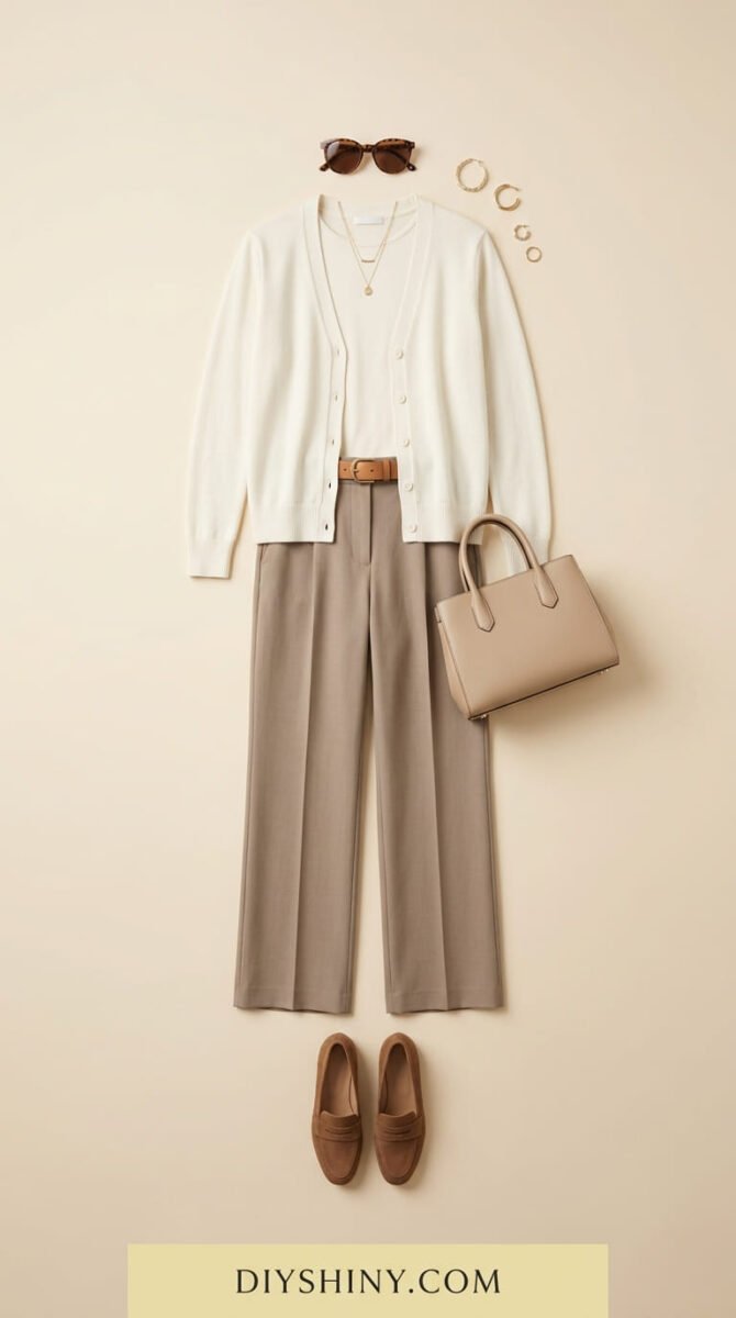 White cardigan with taupe trousers and brown loafers