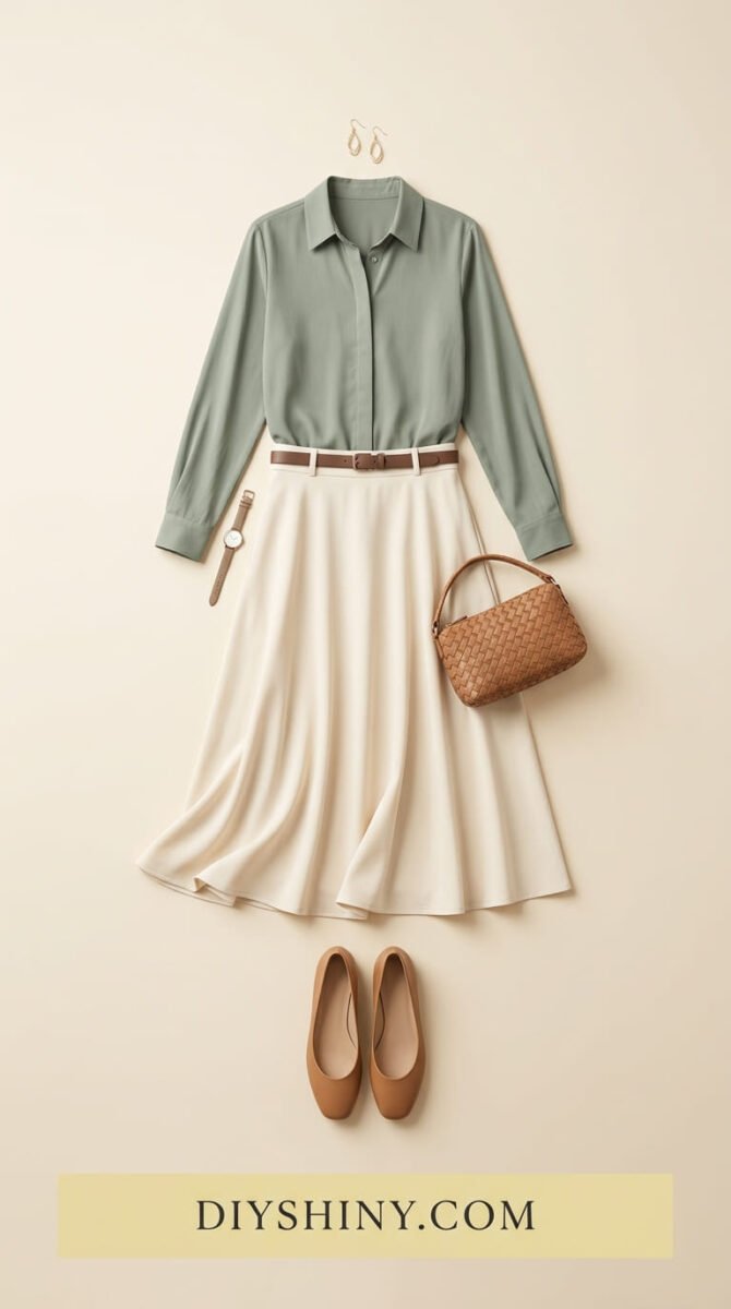 Sage green shirt with cream flowing midi skirt