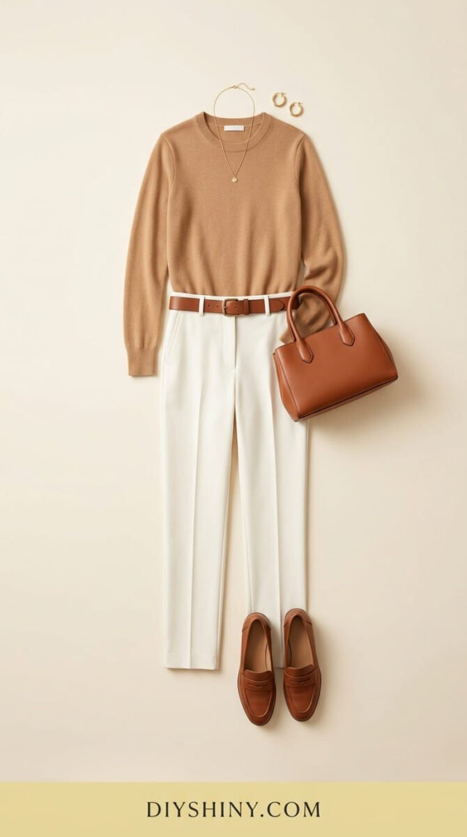 Camel sweater with white trousers and brown loafers