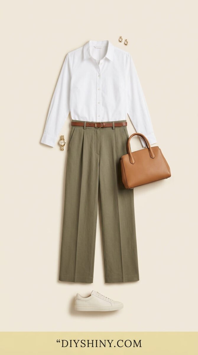 White button-down shirt with olive wide-leg trousers