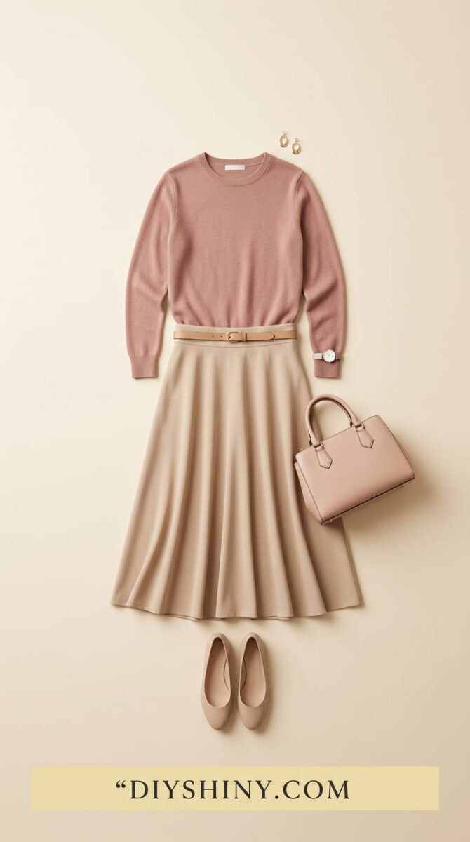 Blush pink sweater with beige midi skirt and ballet flats