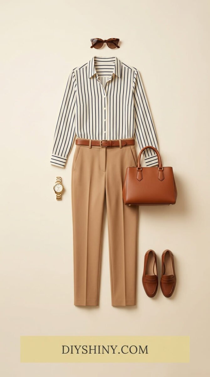 Striped button-down shirt with beige trousers and brown loafers