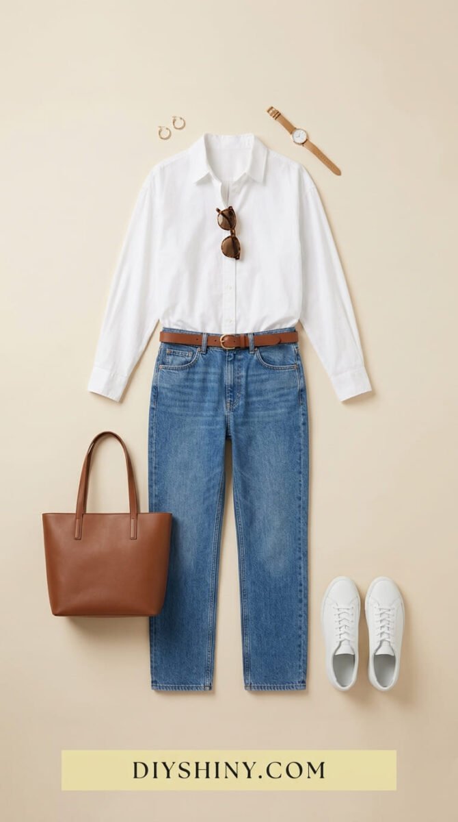 White button-down shirt with blue jeans brown belt brown tote bag and white sneakers