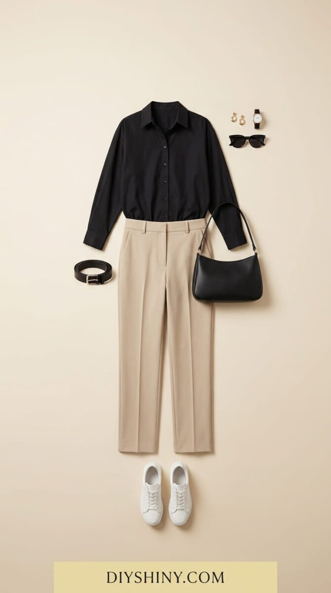 Black button-down shirt with cream trousers black handbag black belt and white sneakers