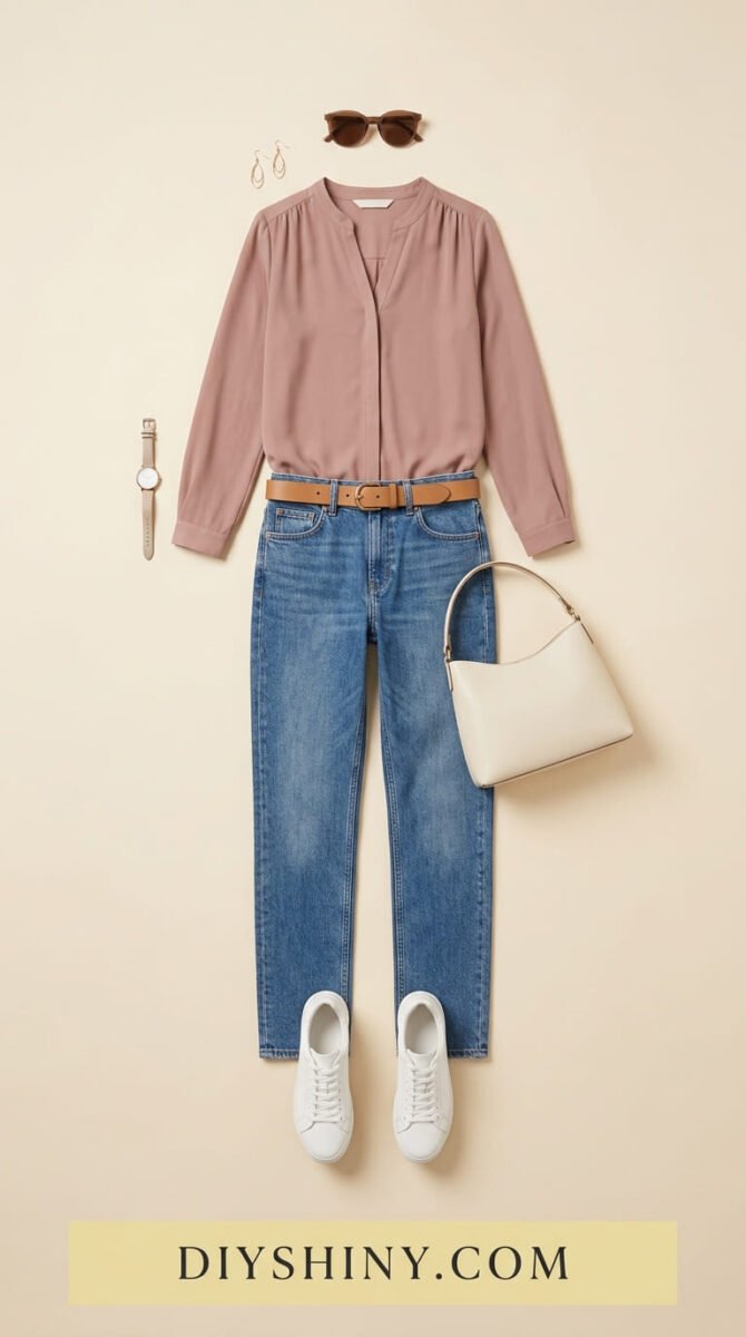 Dusty rose blouse with blue jeans tan belt cream handbag and white sneakers