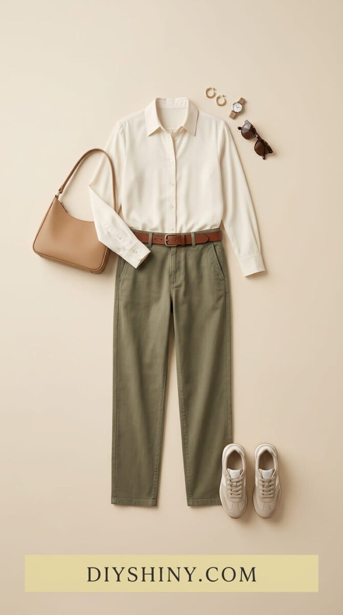 White button-down shirt with olive trousers brown belt tan handbag and white sneakers