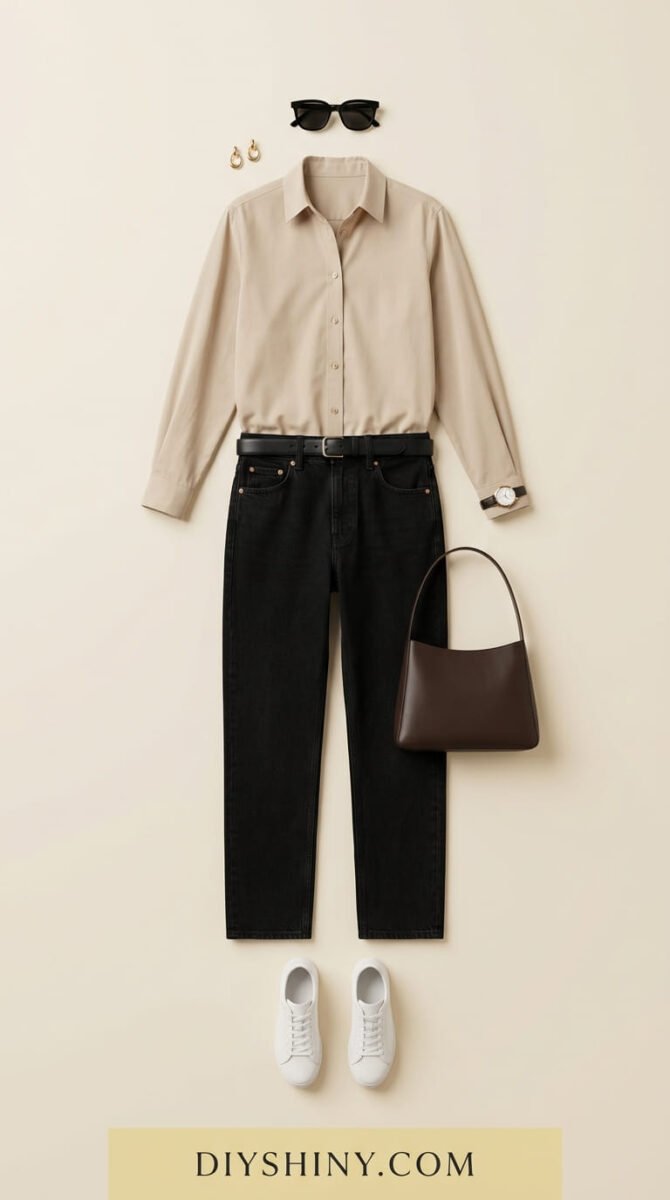 Beige button-down shirt with black jeans black belt dark brown handbag and white sneakers