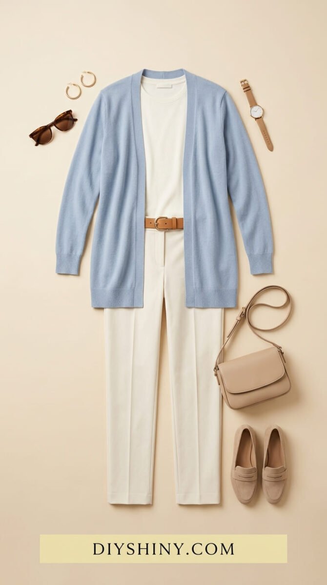 Light blue cardigan with white top white trousers tan belt beige crossbody bag and loafers