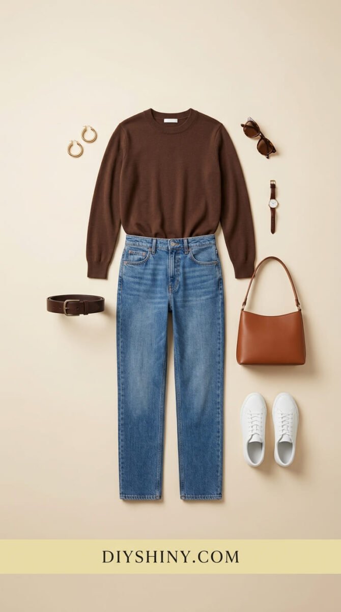 Chocolate brown sweater with blue jeans brown belt cognac handbag and white sneakers