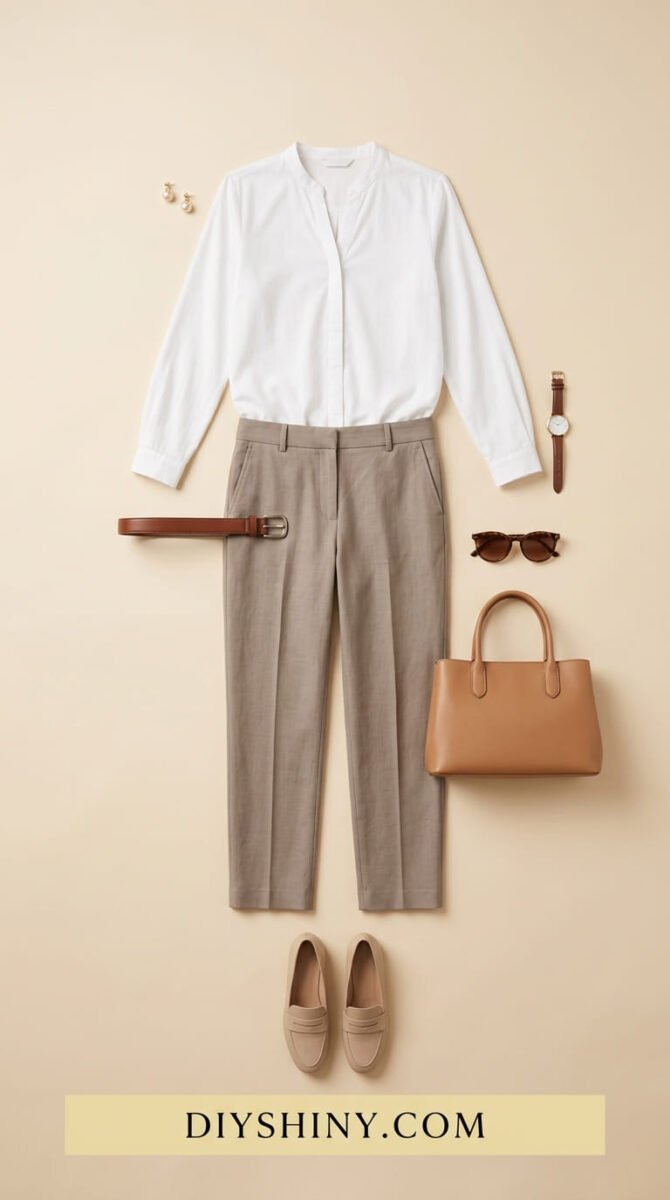 White blouse with taupe trousers brown belt tan handbag and beige loafers