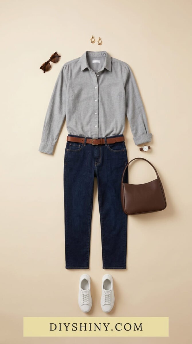 Gray button-down shirt with dark blue jeans brown belt brown handbag and white sneakers