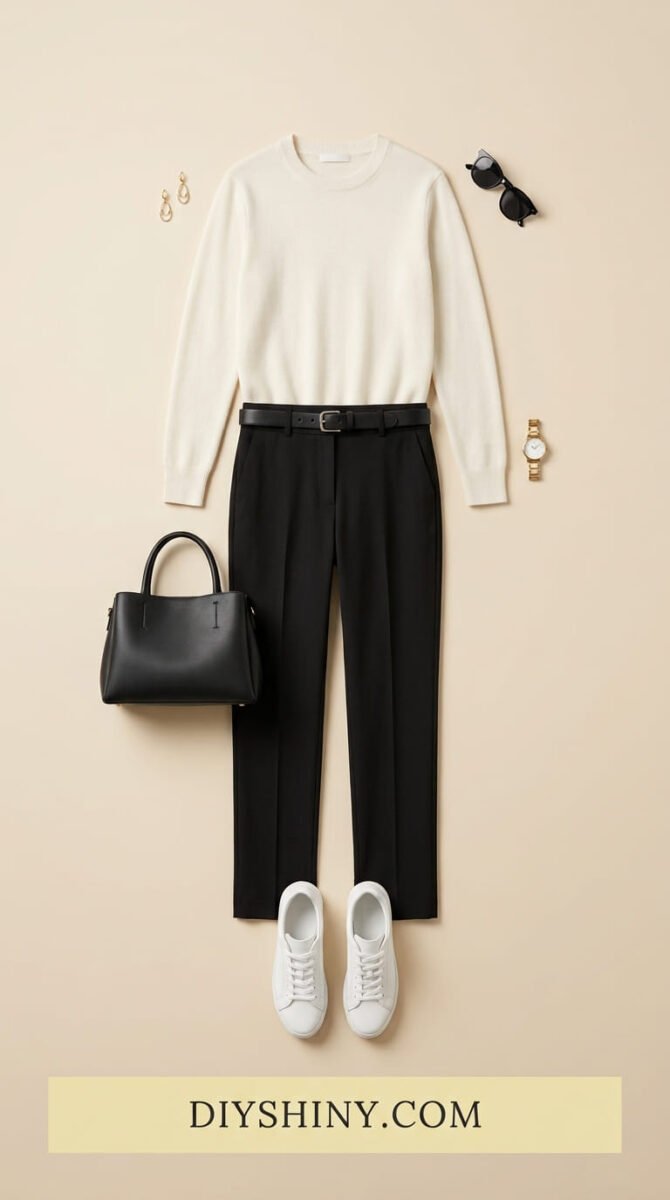 Cream sweater with black trousers black belt black handbag and white sneakers