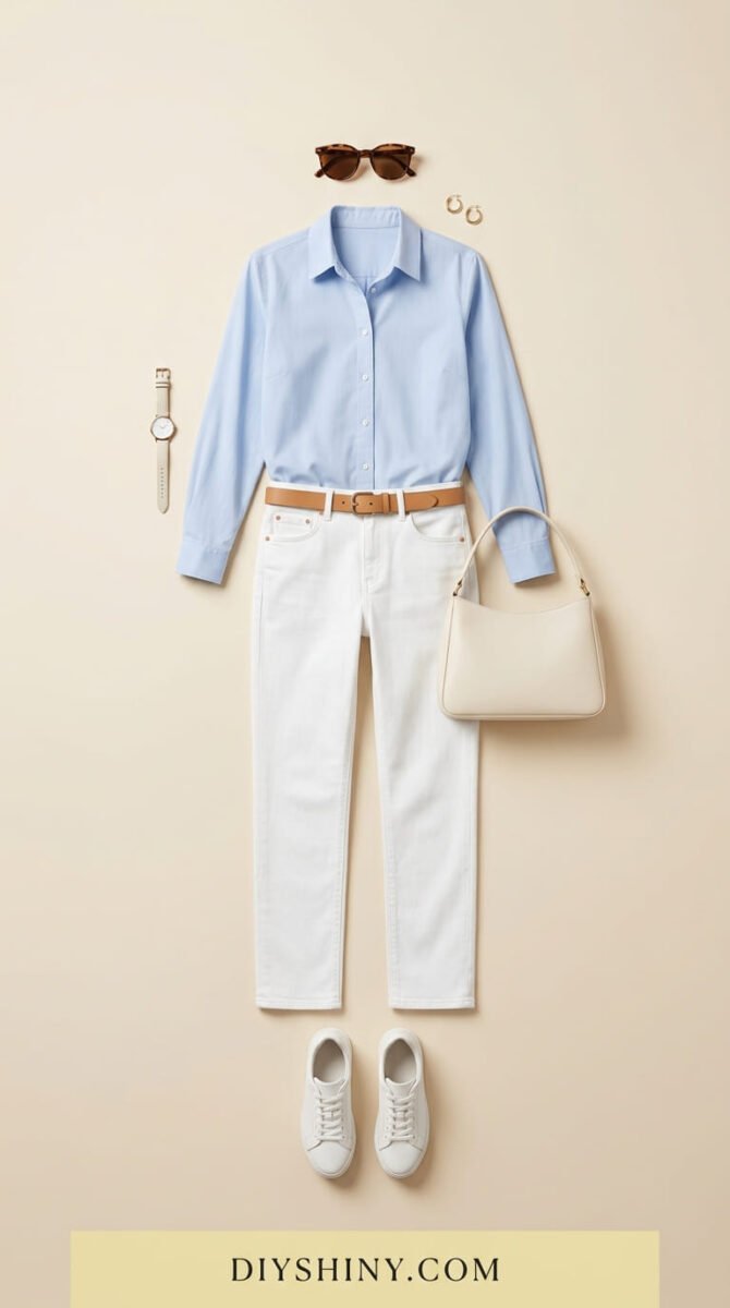 Light blue button-down shirt with white jeans tan belt cream handbag and white sneakers