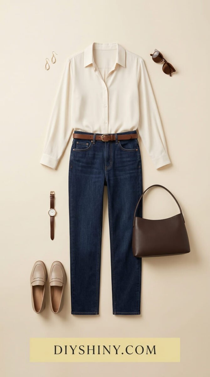 Ivory blouse with dark blue jeans brown belt brown handbag and beige loafers