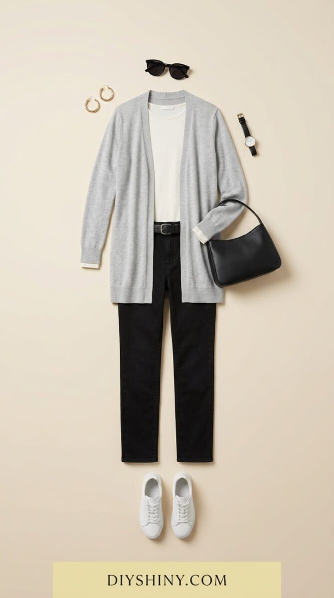 Gray cardigan with white top black jeans black belt black handbag and white sneakers