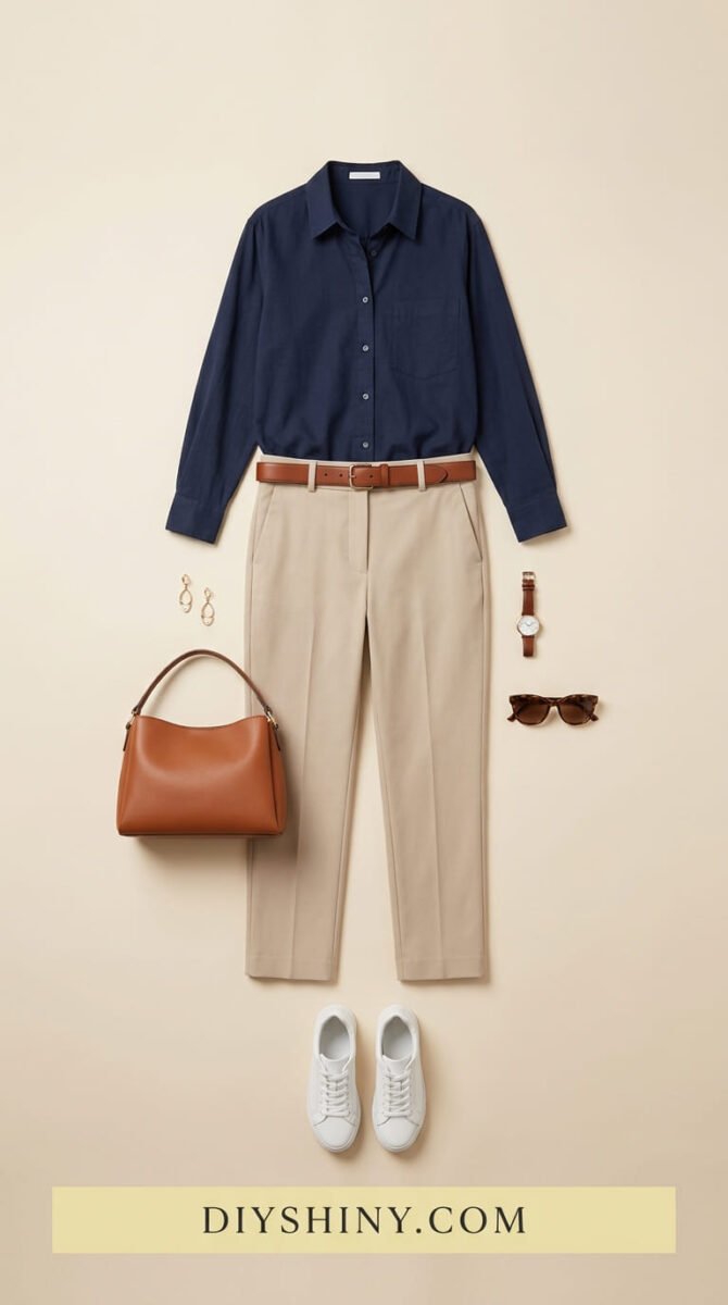 Navy button-down shirt with beige trousers brown belt cognac handbag and white sneakers