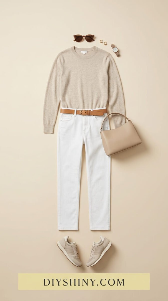Beige sweater with white jeans tan belt beige handbag and neutral sneakers