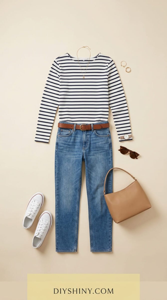 Navy striped long sleeve top with blue jeans brown belt tan handbag and white sneakers