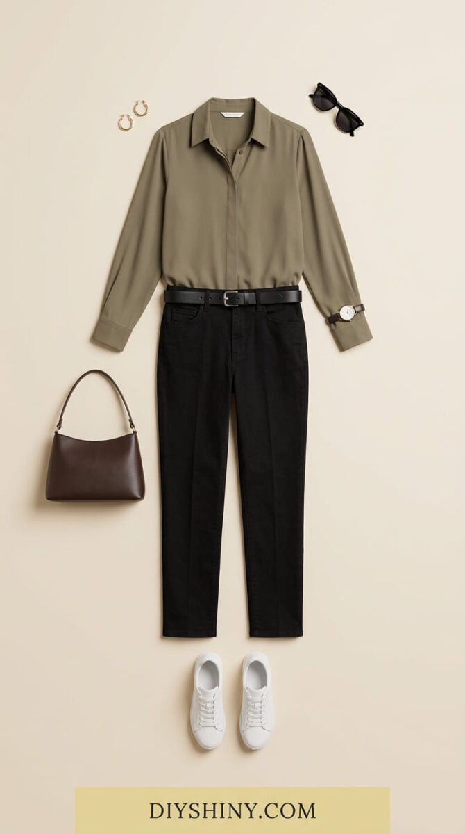 Olive green button-down shirt with black jeans black belt dark brown handbag and white sneakers