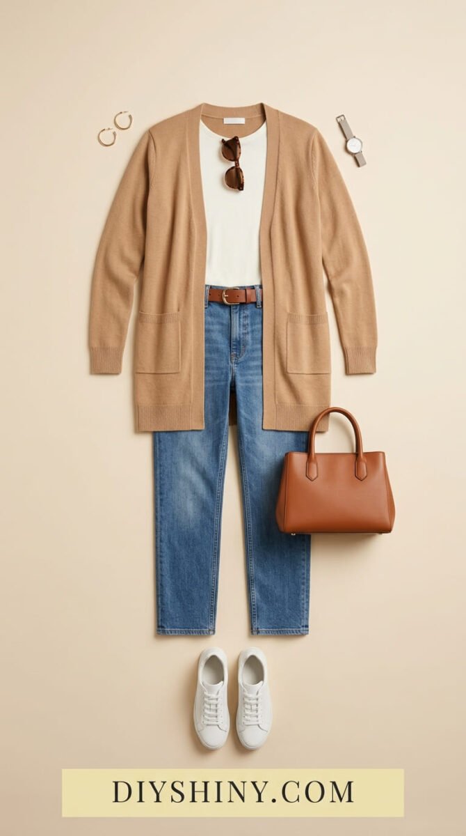 Camel cardigan with white top blue jeans brown belt cognac handbag and white sneakers