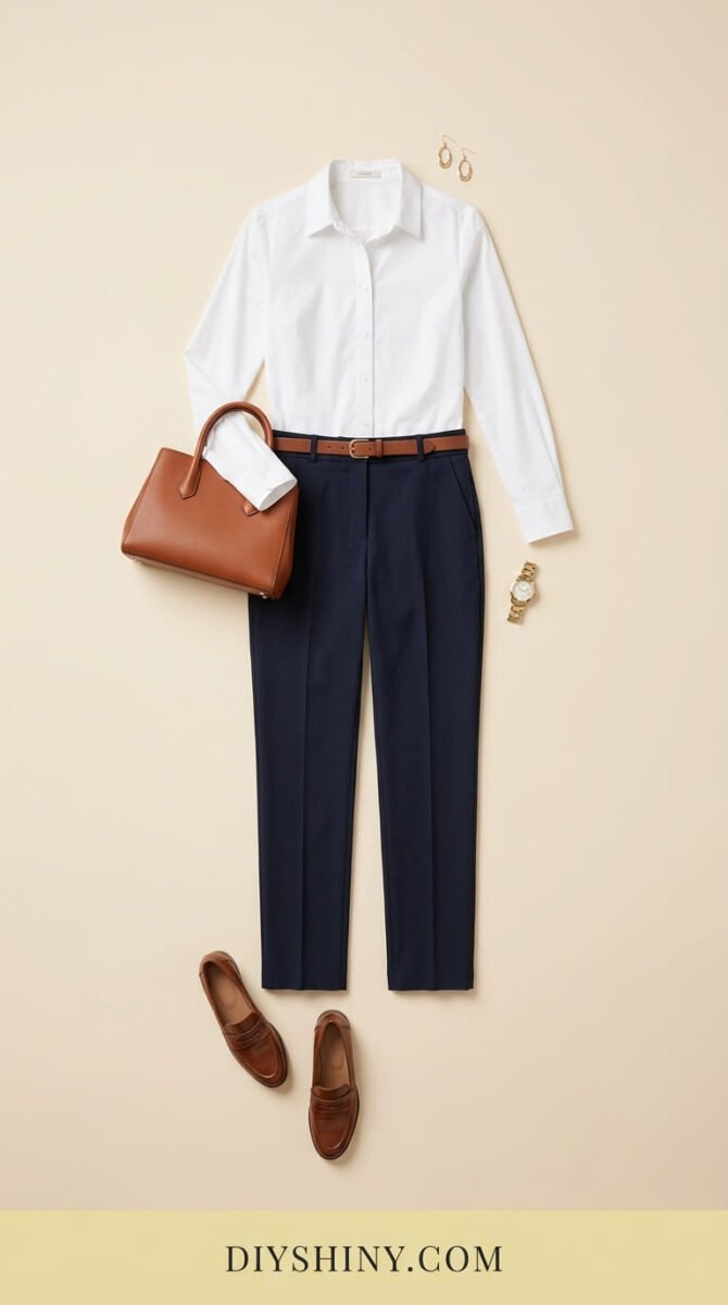 White button-down shirt with navy tailored trousers brown belt cognac handbag and brown loafers