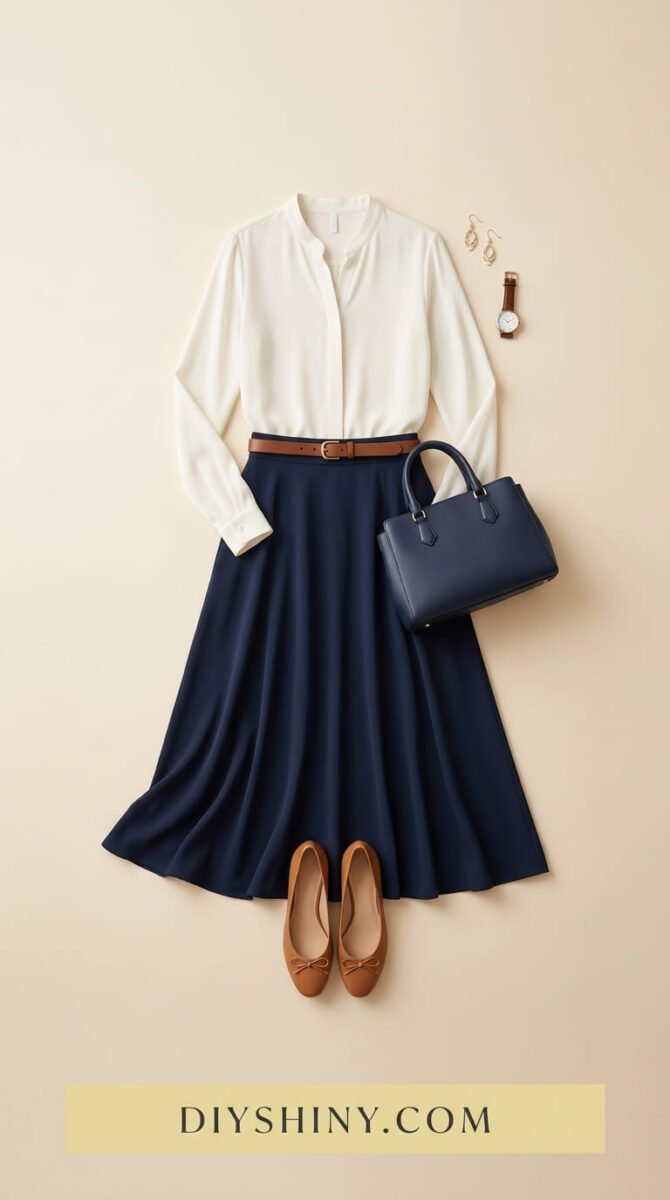 Ivory blouse with navy midi skirt brown belt navy handbag and tan ballet flats