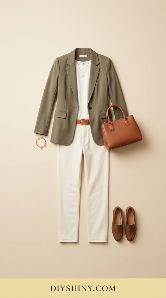 Olive blazer with white top white jeans brown belt cognac handbag and brown loafers