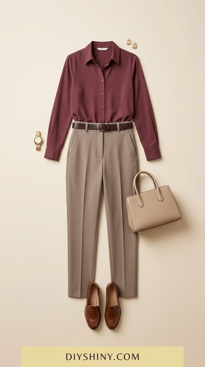 Burgundy button-down shirt with taupe trousers dark brown belt beige handbag and brown loafers