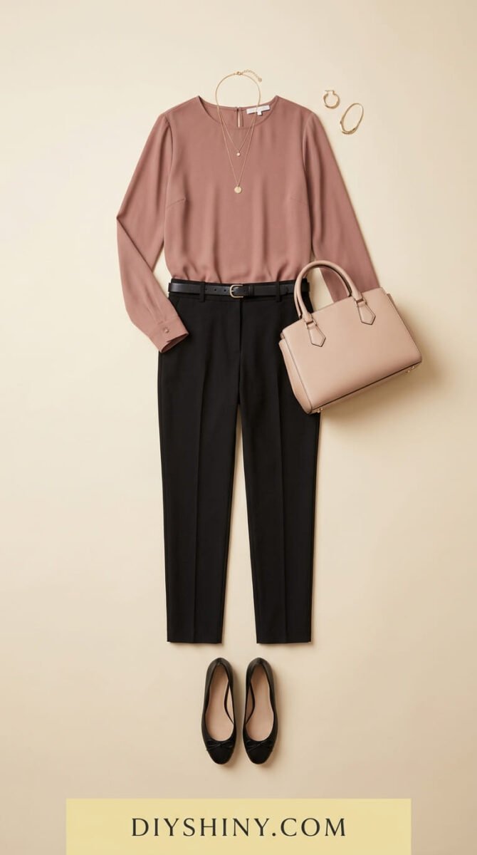 Dusty rose blouse with black tailored trousers black belt beige handbag and black ballet flats