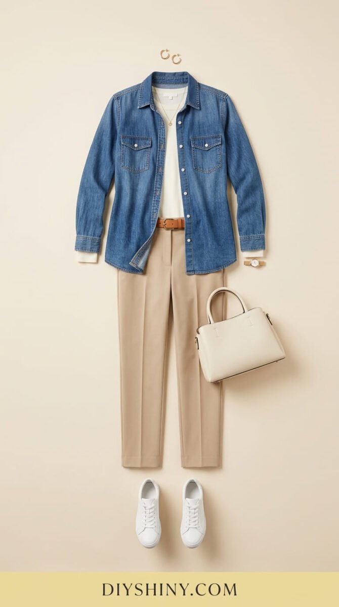 Blue denim shirt with white top beige trousers tan belt cream handbag and white sneakers