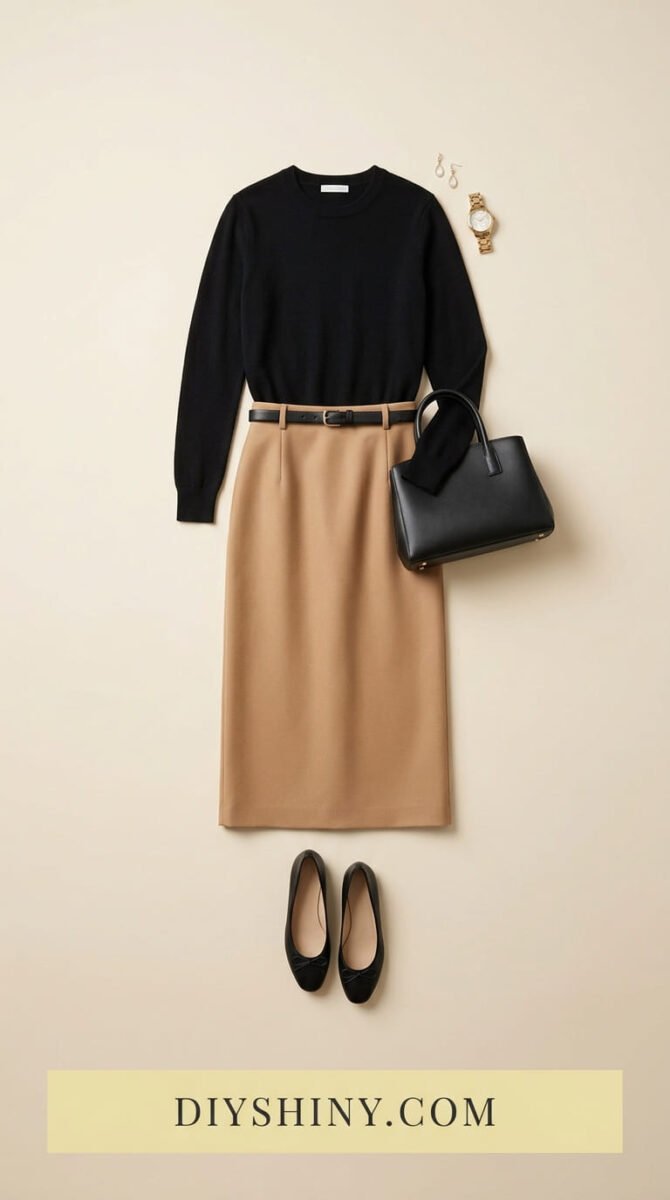 Black long sleeve sweater with camel midi skirt tan belt black handbag and black ballet flats