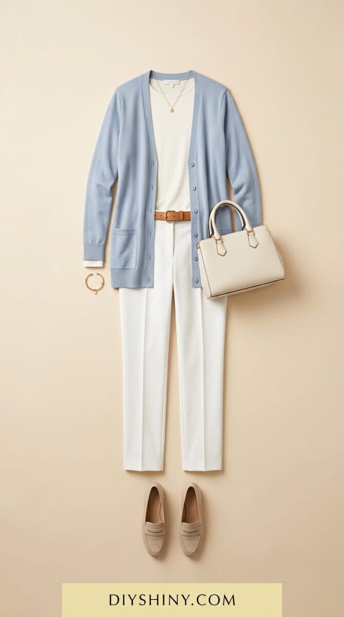 Light blue cardigan with white top white trousers brown belt cream handbag and beige loafers