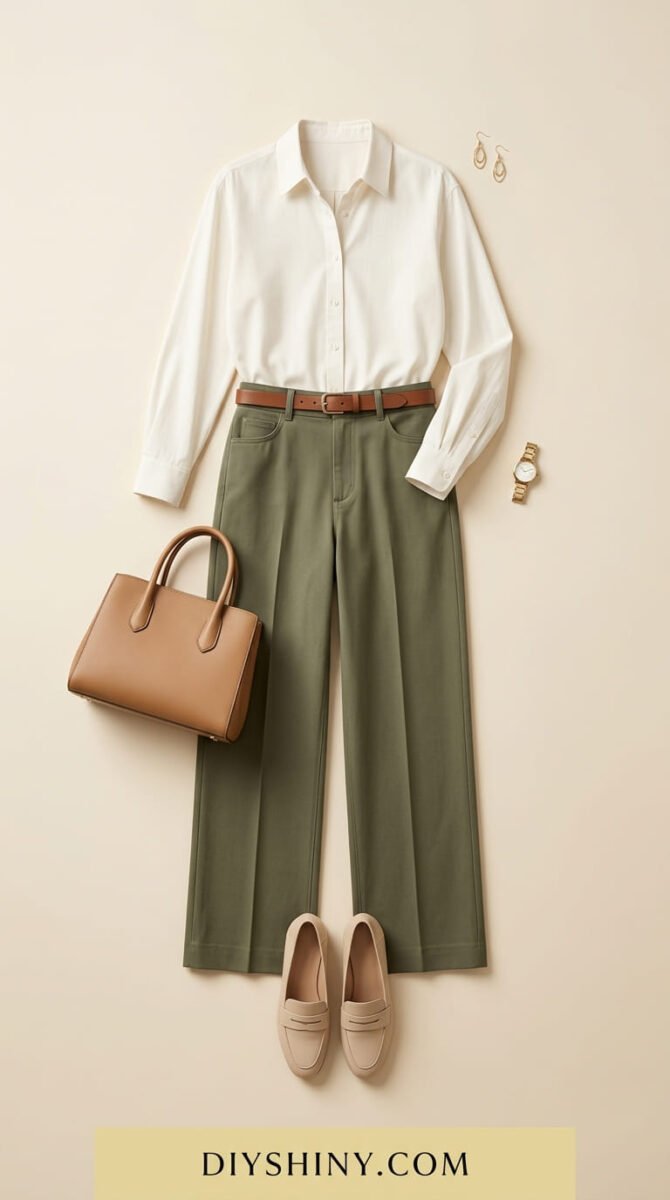 White button-down shirt with olive green trousers brown belt tan handbag and cream loafers