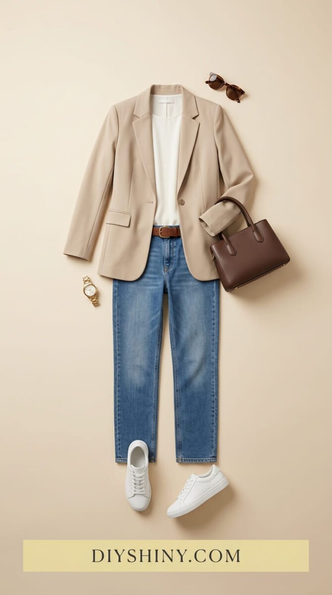 Beige blazer with white top blue jeans brown belt dark brown handbag and white sneakers