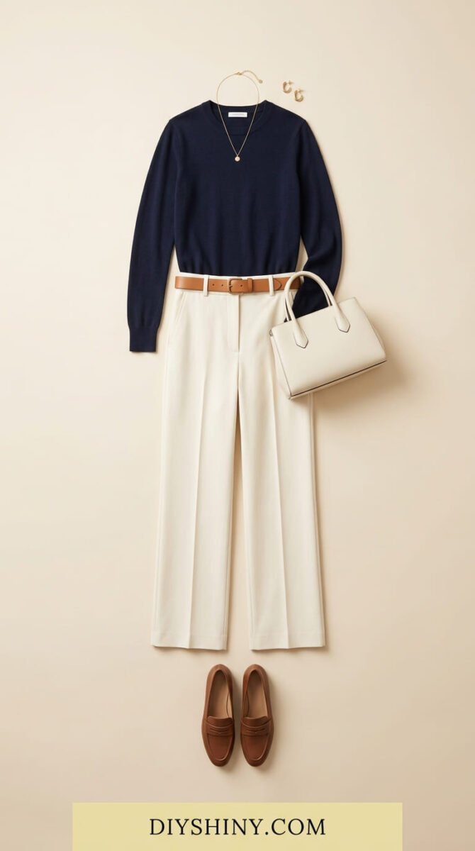 Navy long sleeve sweater with cream wide leg trousers brown belt ivory handbag and brown loafers