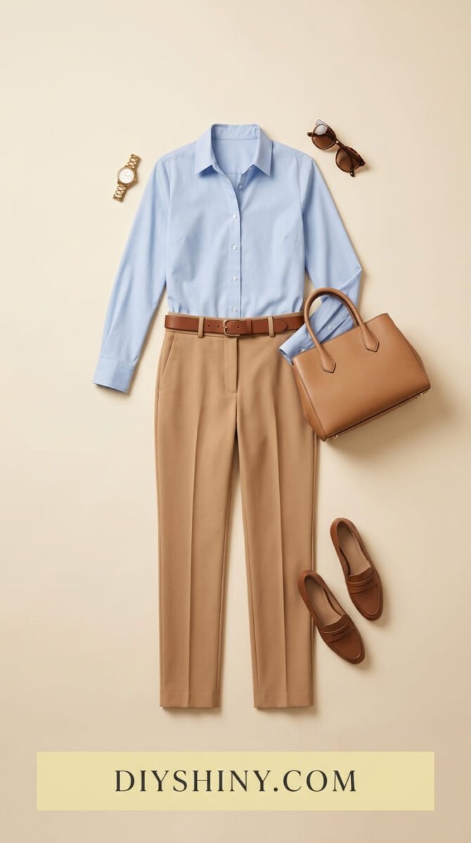 Light blue button-down shirt with camel trousers brown belt tan handbag and brown loafers